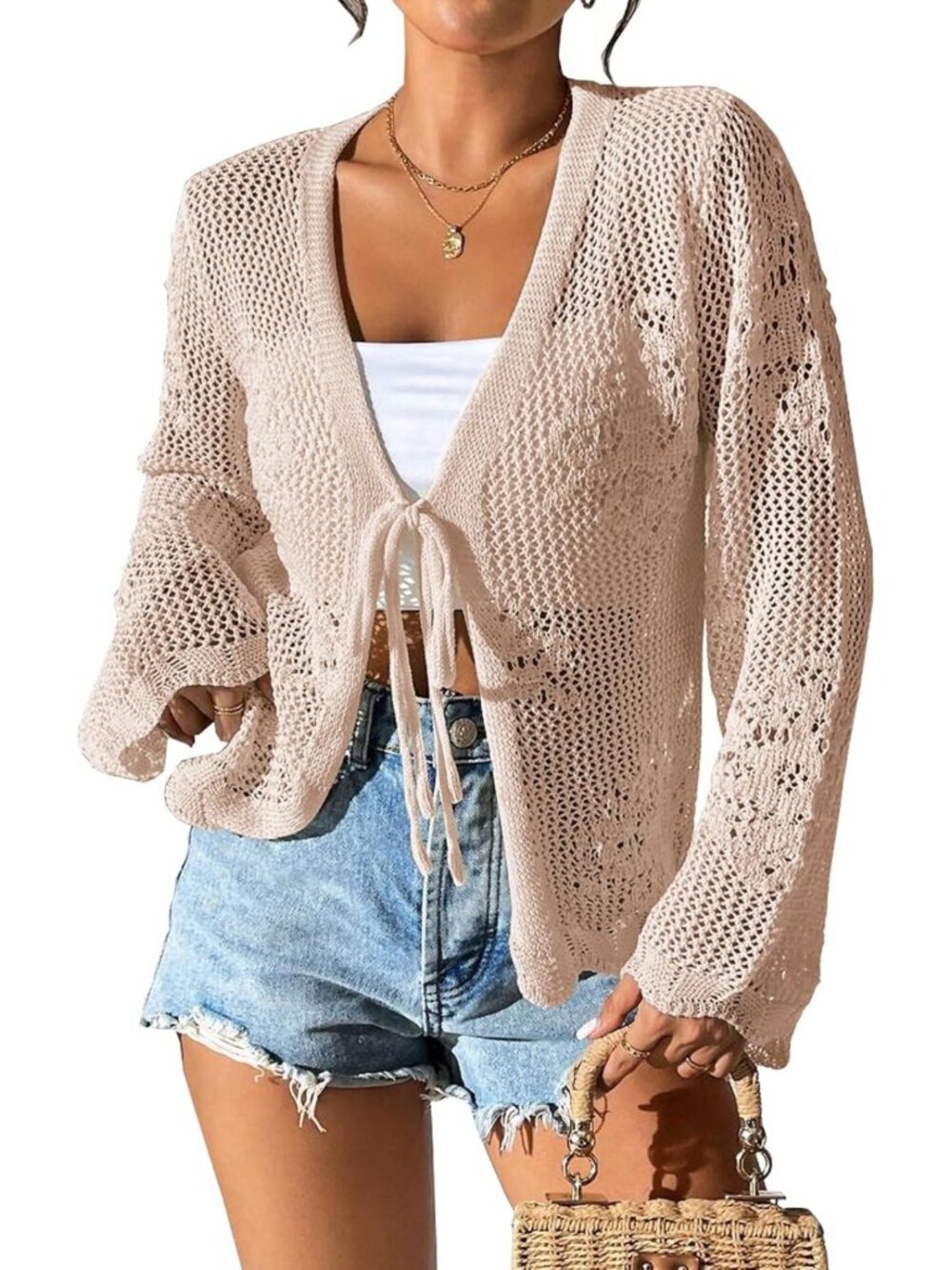 Lightweight Tie Front Cardigan - Crochet Hollow Out, Long Sleeve Summer Knit Top